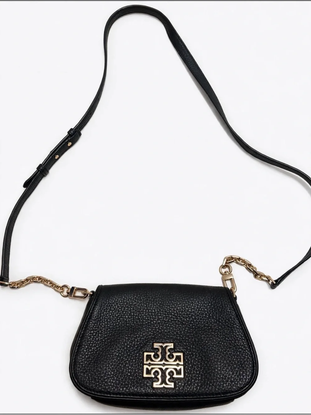 Tory Burch Black Pebbled Leather Crossbody with Gold Logo